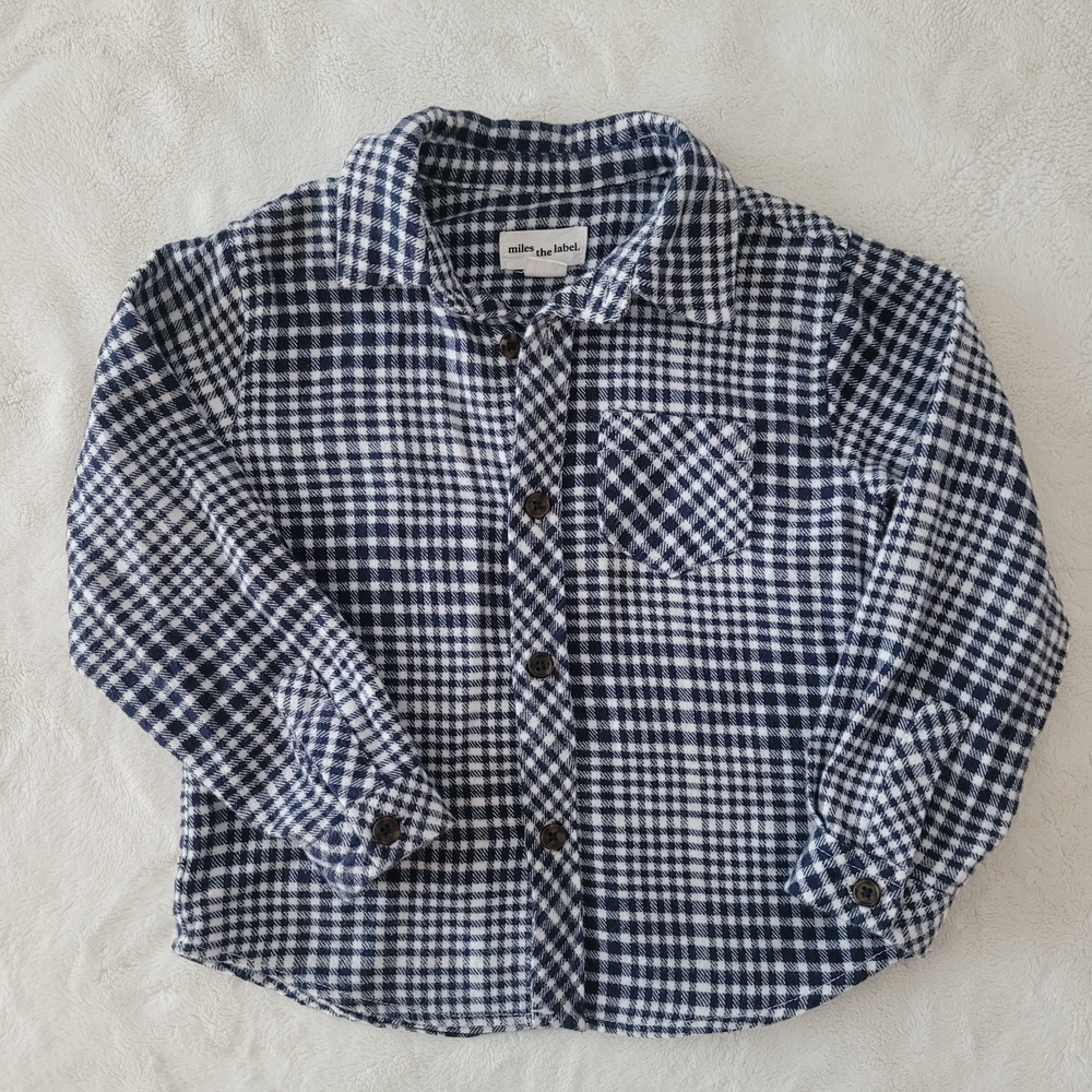 🧸2/20$ Miles The Label Navy Checkered Plaid Flannel Kids Button Down Shirt 24M